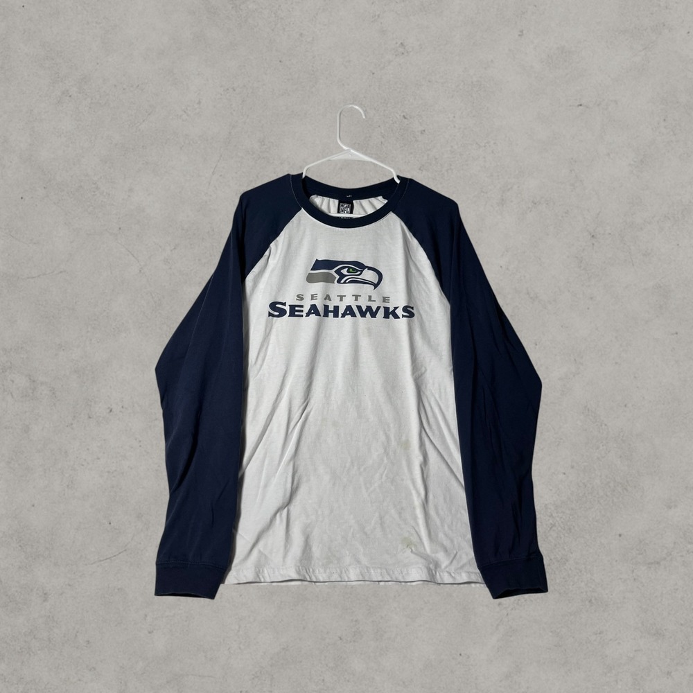 NFL Seattle Seahawks Long Sleeve Raglan T-Shirt Navy White Large Logo Tee